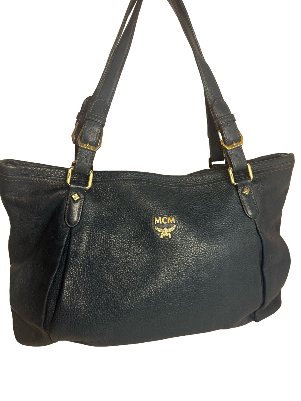#370 MCM Navy Pebbled Leather & Embossed Monogram Shoulder Tote Bag